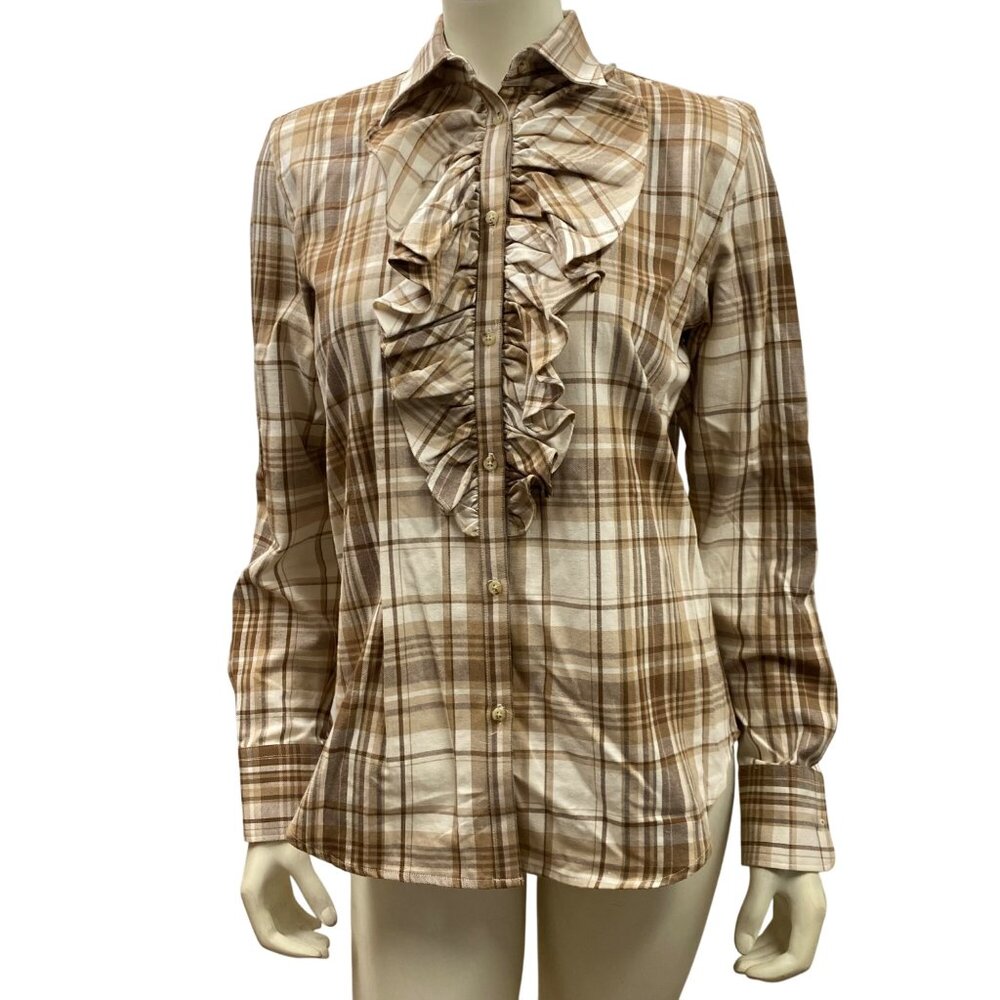 Lauren Ralph Lauren Beige Brown Plaid Ruffle Button-Down Shirt